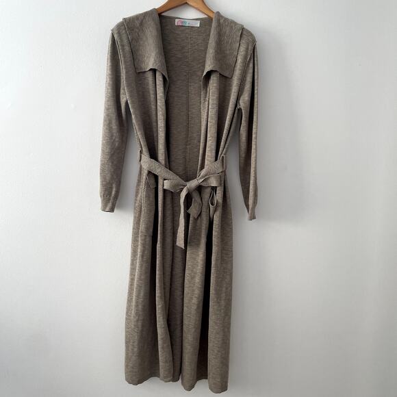 Free People Beach Cotton Linen Blend Duster Cardigan XS Belted Tan - Picture 1 of 16